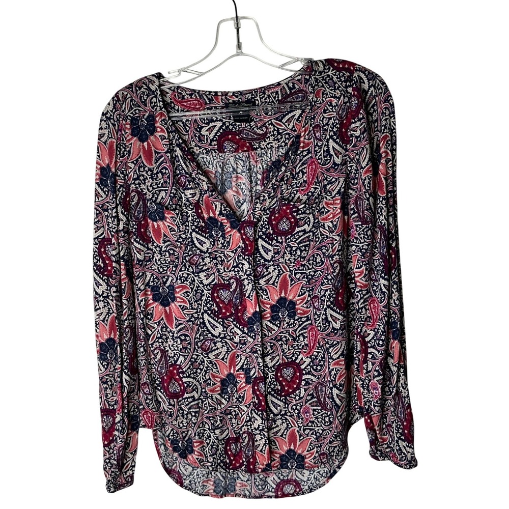 Lucky Brand Womens‎ XS Paisley Floral Blouse Boho  V-Neck Long Sleeve Top